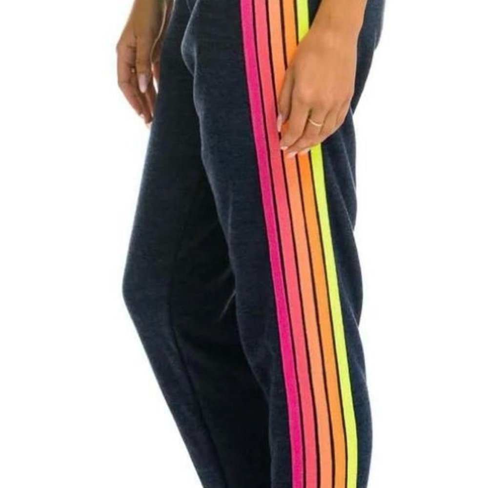 Aviator Nation -  5 stripe Sweatpants - heathered navy / neon stripes - XS